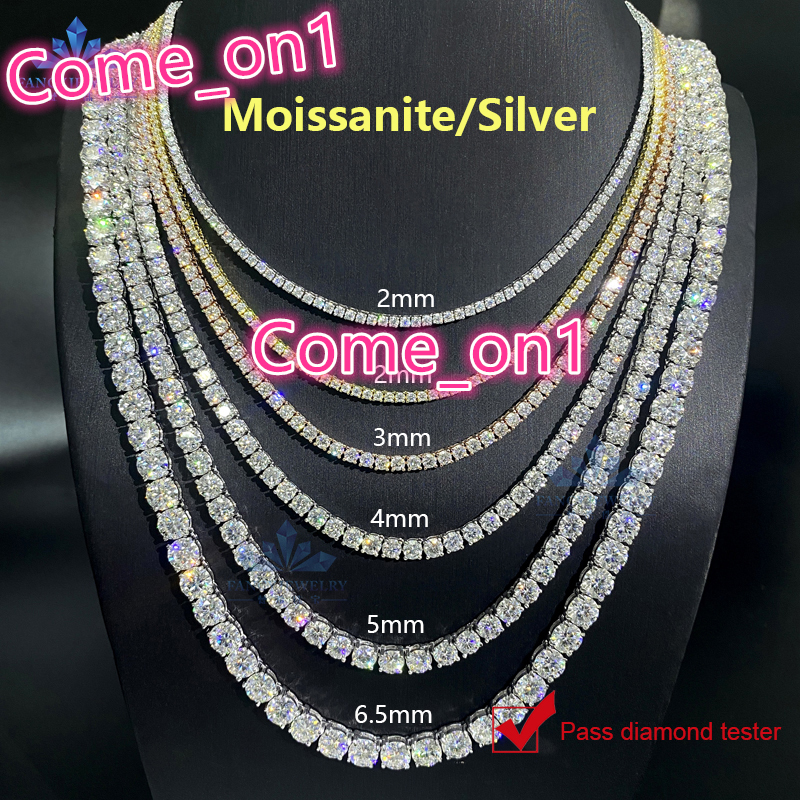 Bijoux Hip Hop Collier Iced Out Moisanite VVS Diamond Chain Tennis Bracelet 925 Silver Silver Women Men 2 mm 3 mm 4 mm 5 mm