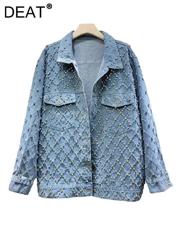 DEAT Womens Denim Coat Blue Long Sleeve Full Diamonds Distressed Jacquard Plaid Jackets Summer Fashion 29L7709 250801