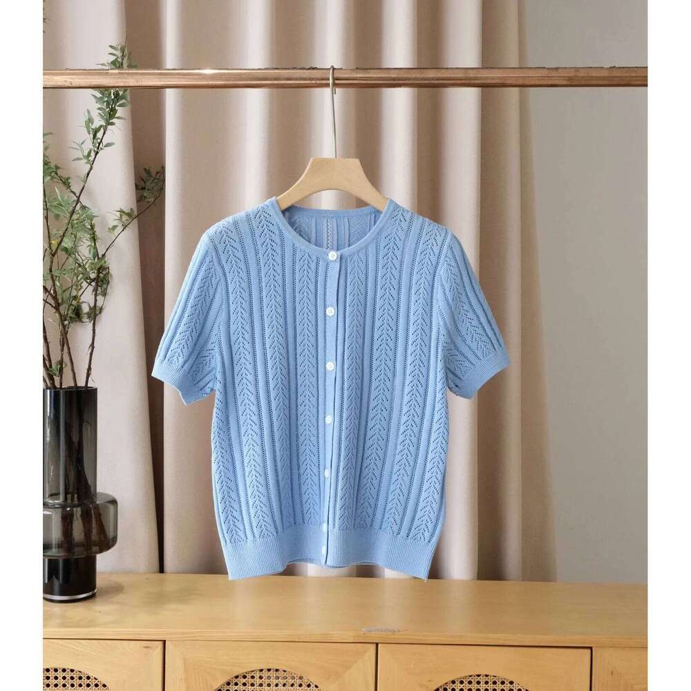 Designer Clothing 2025 25 Summer New Cotton Loose Round Neck Short Sleeve Knitted Cardigan Women