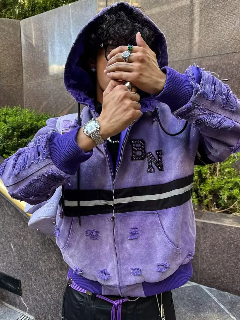American street purple perforated letter sequined men hoodie Y2K hip-hop punk fashion casual clothing oversized trend sweatshirt 250818
