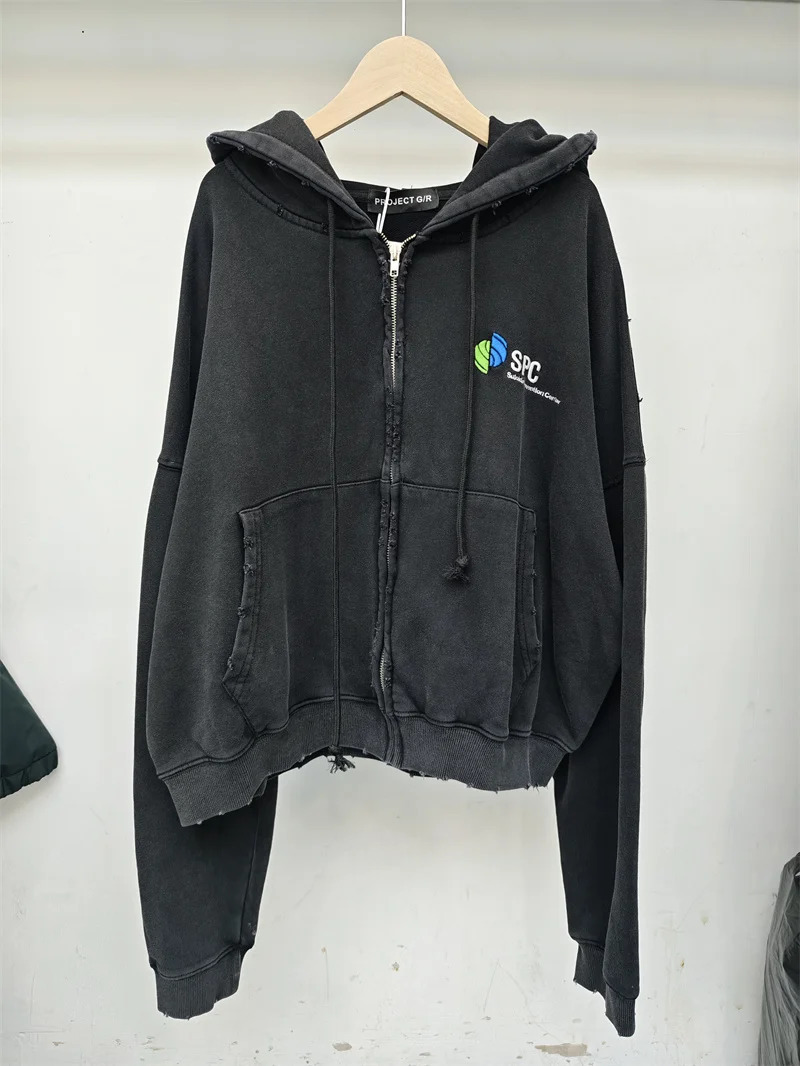 Retro Black PROJECT G/R Zipper Hoodie Wear Out Loose Casual Mens 250818