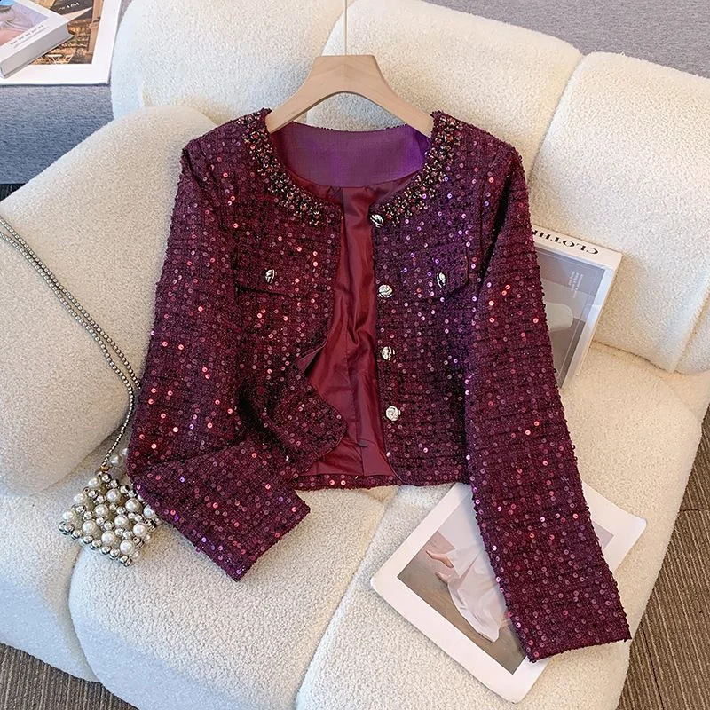 y Beading Tweed Jacket Fall Winter Vintage Sequins Women Woolen Coat Elegant Office Lady Single Breasted Outerwear 611P 250801