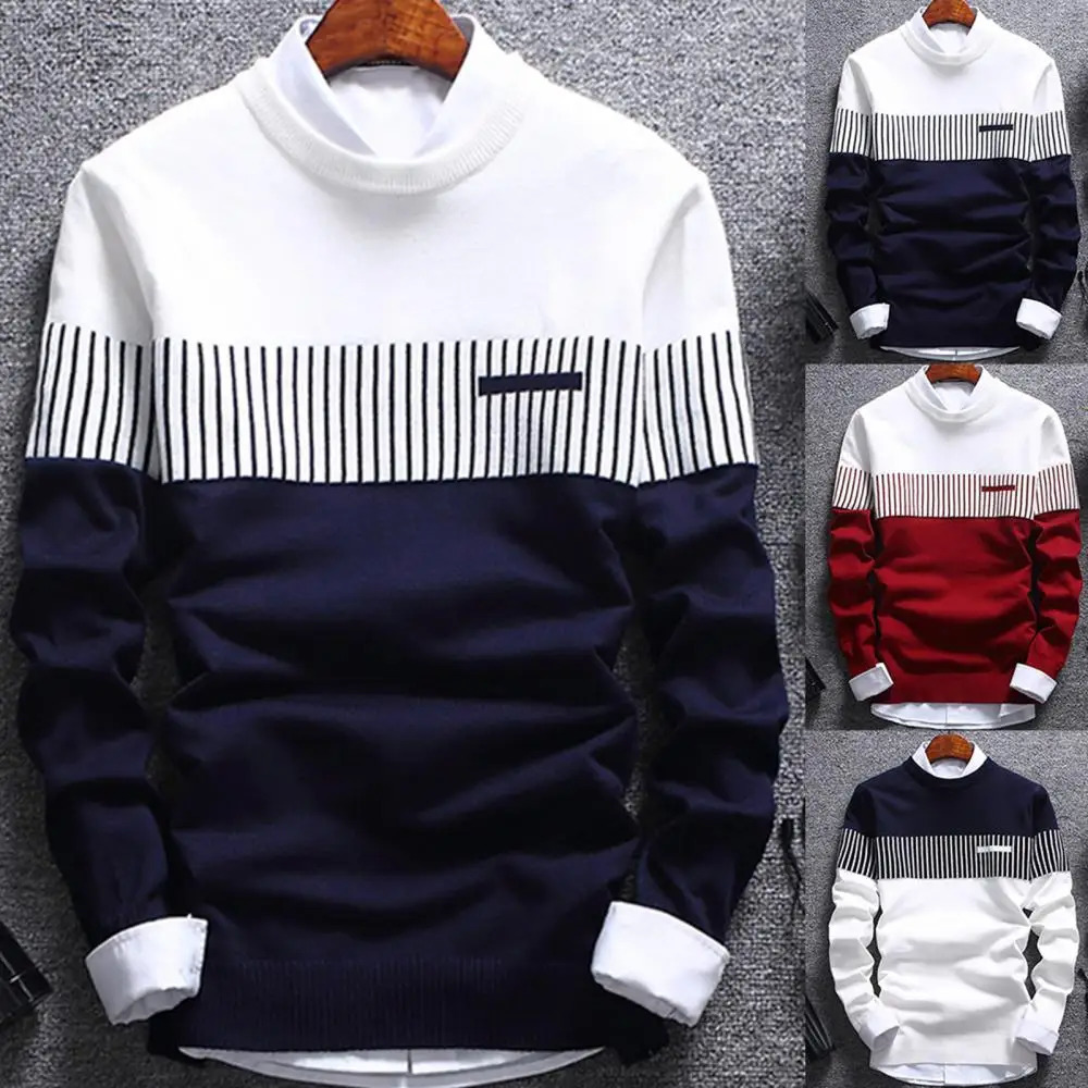Fashion Men striped Sweater pullover Color Block Patchwork O Neck Long Sleeve Knitted Top Blouse For Warm Mens Clothing 250818