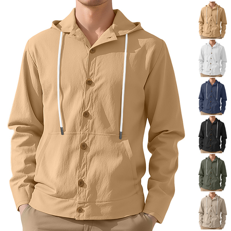 Men's Casual Linen Shirt Jacket - Button-Up Loose Fit Hooded Long Sleeve Beach Cover-Up European code: S-5XL