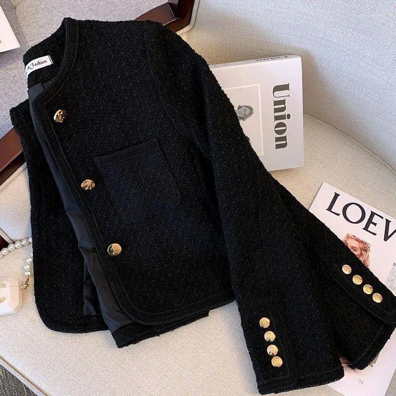 Women's Jackets Elegant Black Tweed Jacket Spring Autumn 2025 French Style Single Breasted Short Coat Long Sleeved Slim Fit Top