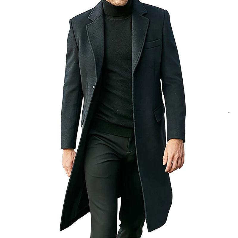 Mens Winter Long Wool Coat Solid Color Sleeve Lapel Single Breasted Slim Fit Windbreaker Overcoat 250818