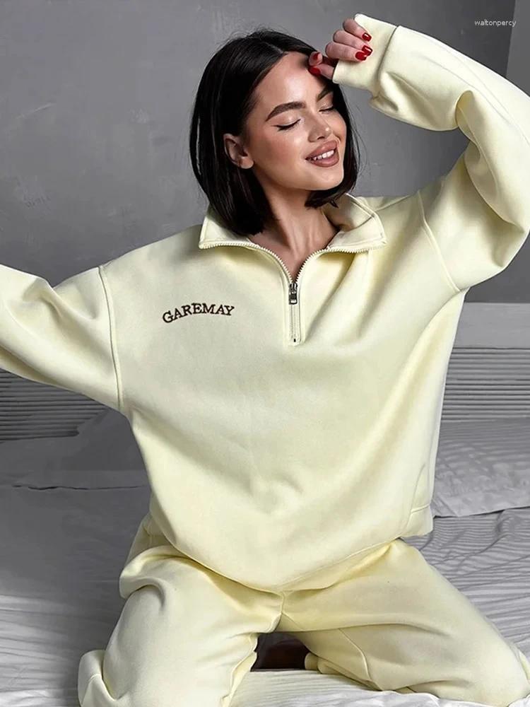 Women's Two Piece Pants Casual Solid Tracksuit Loose Lapel Zippers Full Sleeve Tops Elastic Waist Straight Spring Lady Sports Suits