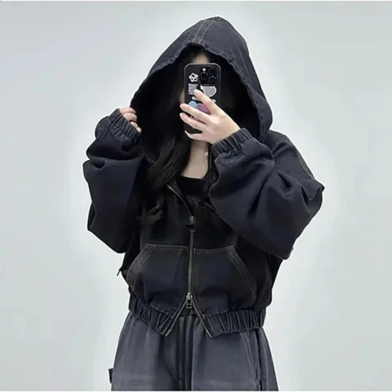 American Retro Street Style Womens Hooded Denim Jacket Spring Autumn Zipper Cardigan Short Coats 250801
