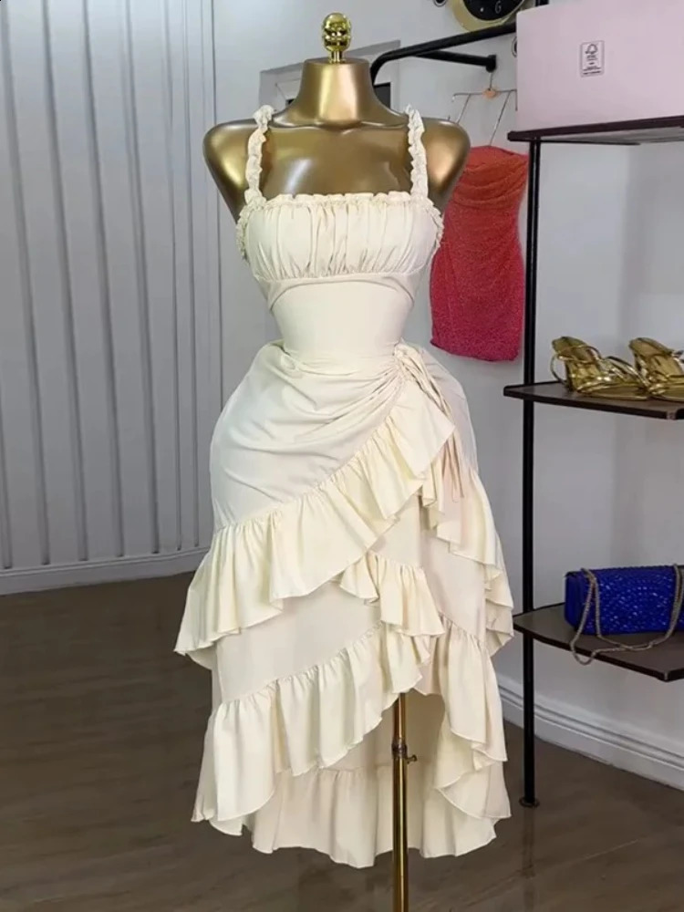 Femmes Strap Slash Neck Cascading Ruffles Swewswistring Rocked Up Long Maxi Robe Birthday Evening Sexy Robes Sexy Vestido 250801