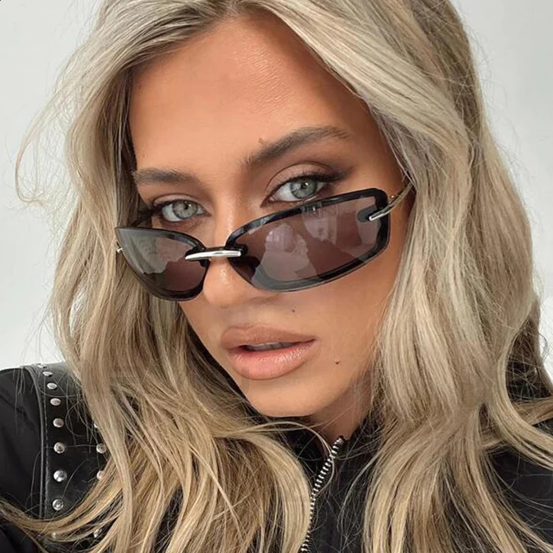 2000S Retro Small Square Sunglasses for Women Fashion Rimless Sun Glasses Y2k Wrap Around Transparent Eyewear Gradient Shades 250815