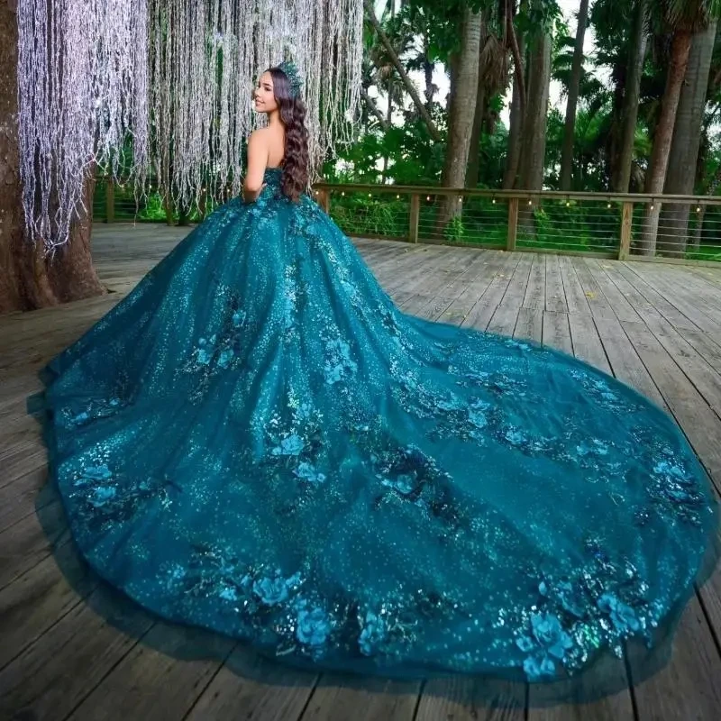 Sea bleu brillant princesse quinceanera robes sweet 16 robe hors du paillettes épaule appliques perles de fleur tull anniversaire de fête de fête