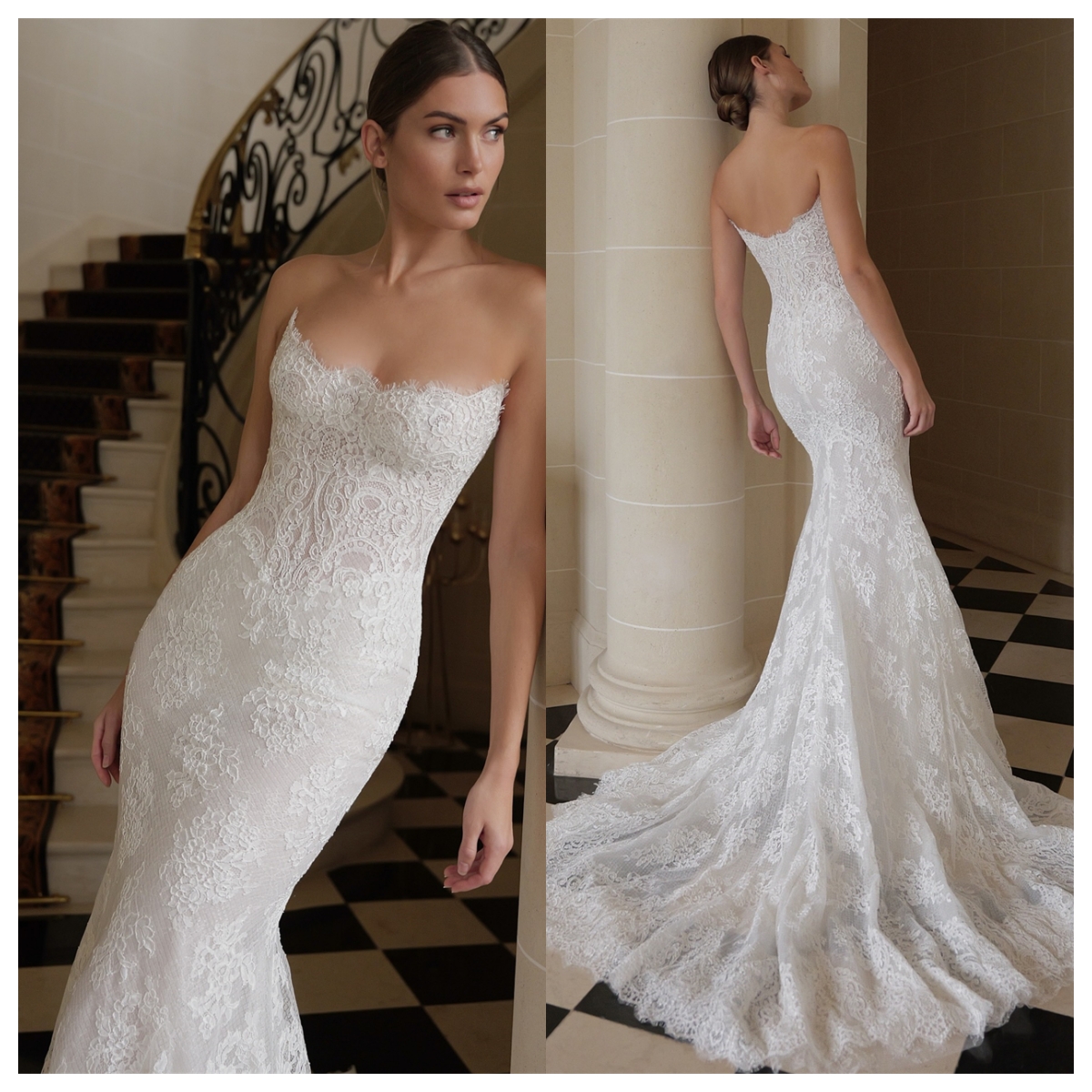 White Full Lace Mermaid Strapless Sleeveless Wedding Dresses Backless Elegant Zipper Sweep Train Back Custom Made Color/Size