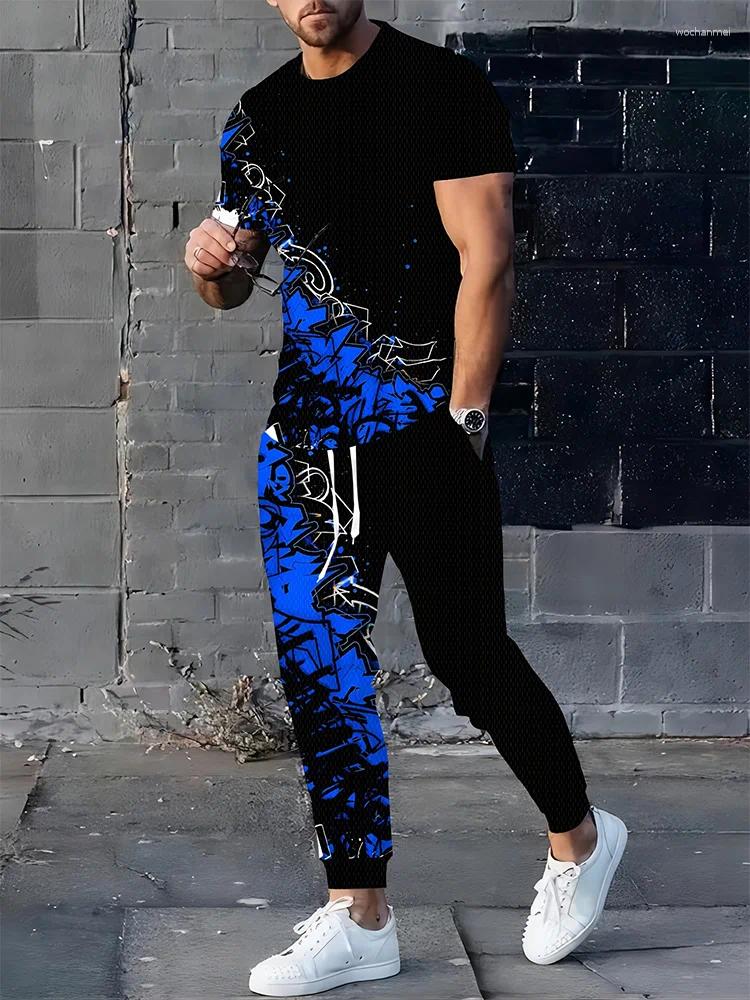 Men's Tracksuits Gradient Blue Double-piece 3D Printed Loose Casual Autumn Thin 2pcs Set Daily Street Fashion Top And Trousers