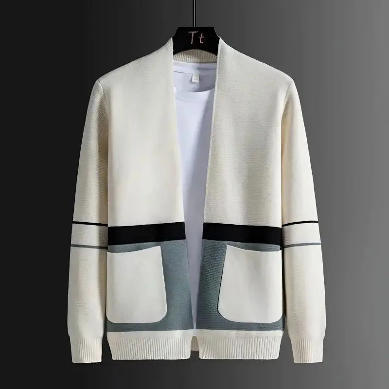 Korean Fashion Spring Autumn Cardigan Sweaters Coats Mens VNeck Contrast Color Pockets Loose Long Sleeve Knitted Jackets 250801