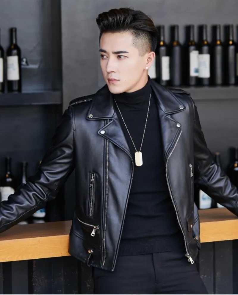 3XL 4XL Spring Autumn Short Fitted Black Faux Leather Biker Jacket for Men with Zipper Long Sleeve Plus Size Clothing XJ250818