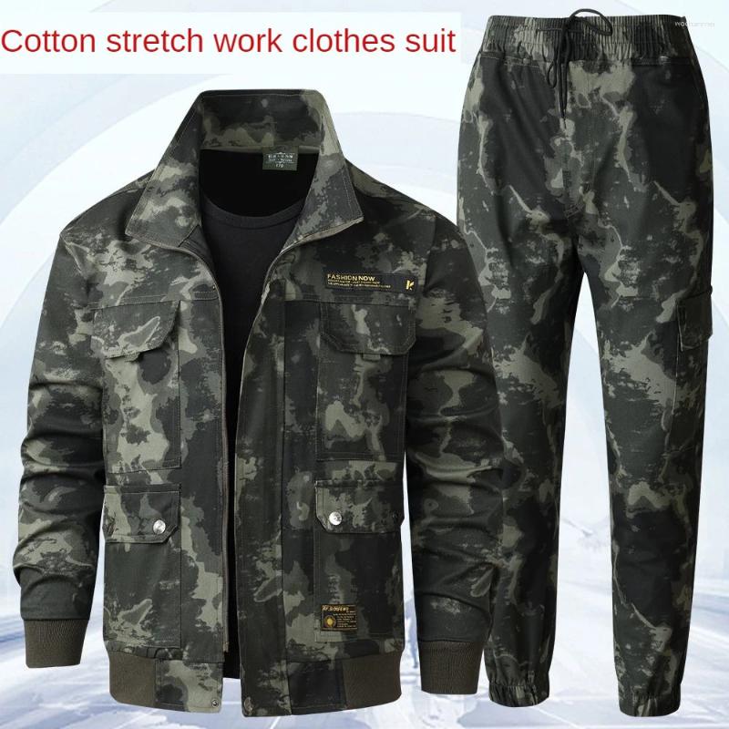 Men's Tracksuits Spring And Autumn Elastic Cotton Camouflage Clothing Suit Outdoor Simple Camping Labor Protection Work Clothes Top Set