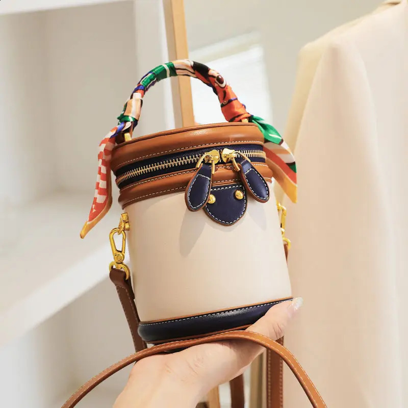 Colorblock Shoulder Cylinder Bucket Bag Scarf Decor Top Handle Stylish Crossbody Purse For Women 250815