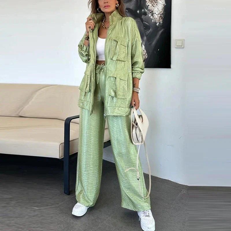 Women's Two Piece Pants Fashion Stand Collar Coats & Long Suits Elegant Sleeve Solid Color 2Pc Sets Women Casual Pockets Loose Sport Outfits