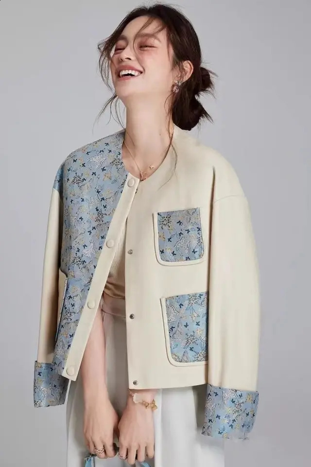 Spring Women Round Neck Chinese Style Tweed Jacket Jacquard PU Leather Blazer Elegant Versatile Cropped Outerwear 250801