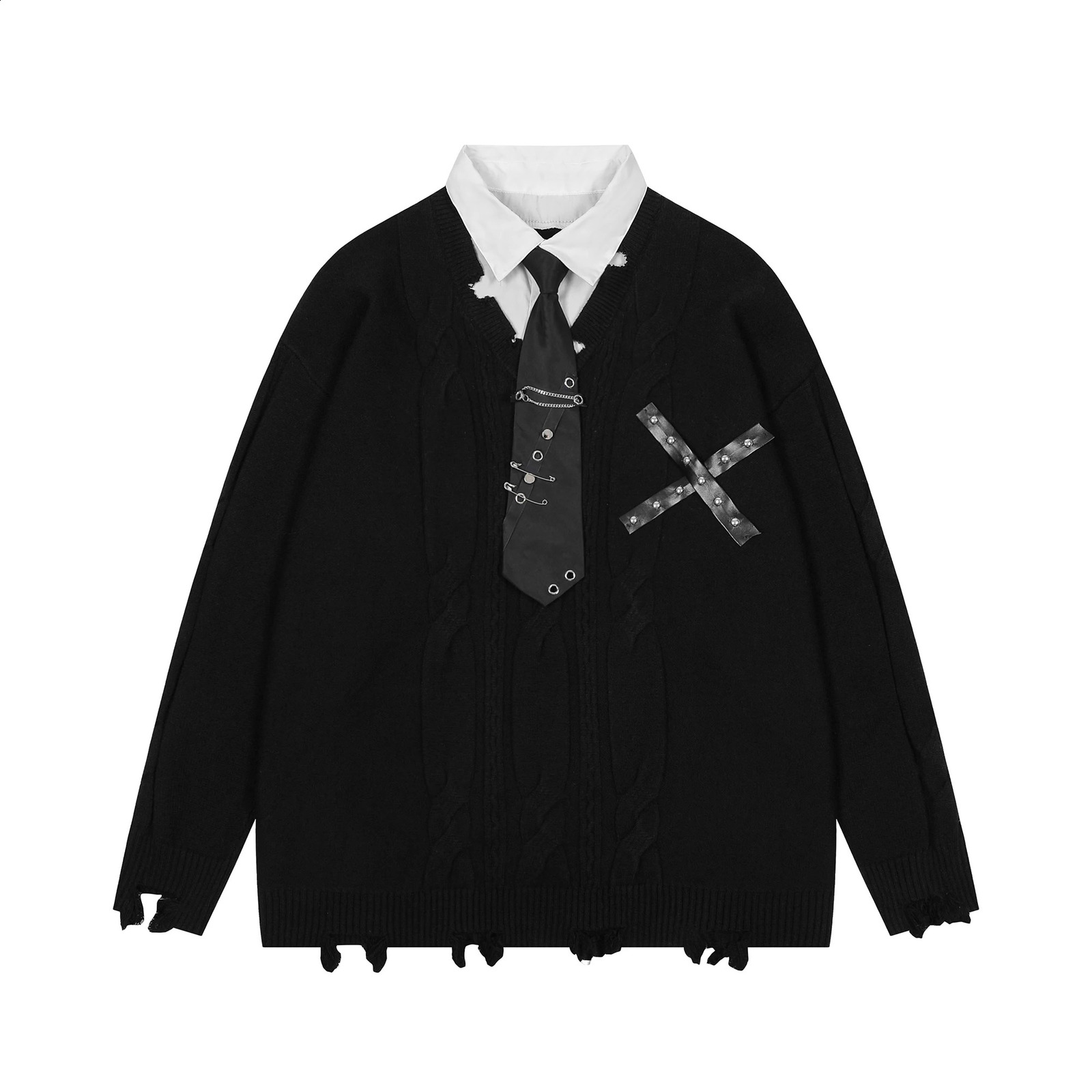 Harajuku faux deux chandails de chemise pour hommes avec cravate endommagée pull déchiré pull preppy lâche de couleur décontractée bloc de tricot
