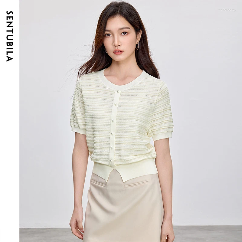 Women's Sweaters SENTUBILA Solid Pullover 2025 Spring Summer Casual Loose Fit Knitwear O Neck Short Sleeve Chic Button Tops W52H59308