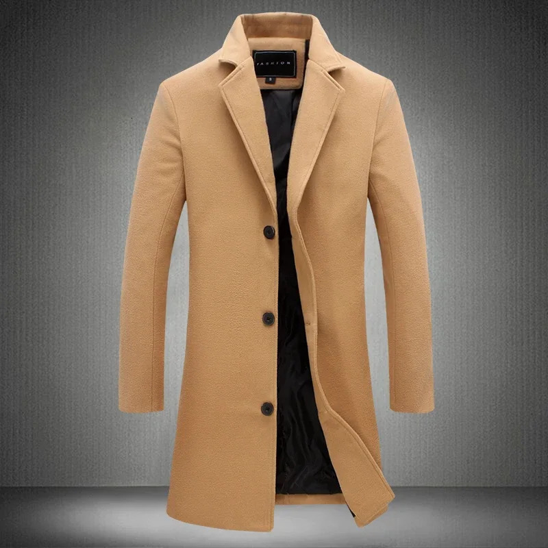 Autumn Winter Wool Men Long Cotton Coat Blend Pure Color Casual Business Fashion Slim Windbreaker Jacket Clothing 250818