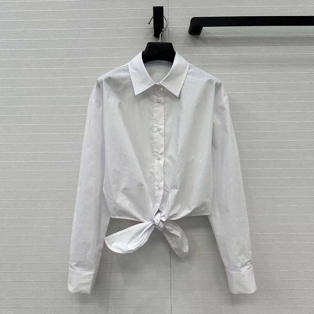 New Spring Summer Cotton Lace-Up Knot Short Design Shirt Women Lapel Long Sleeve Print Sweet Blouse Tops