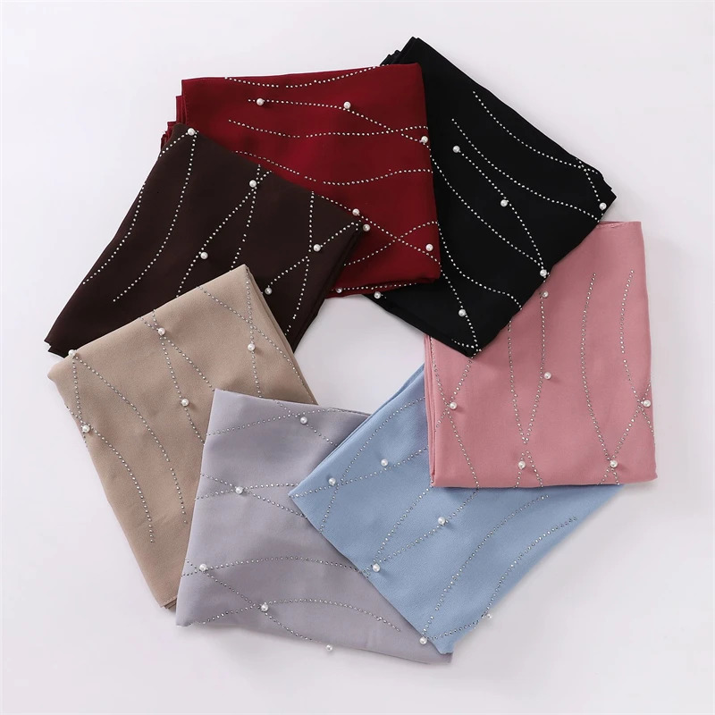 Plain Pearl Bubble Rhinestone Chiffon Shawl Scarf High Quality Shimmer Beads Headband Wrap Foulard Muslim Hijab 250812