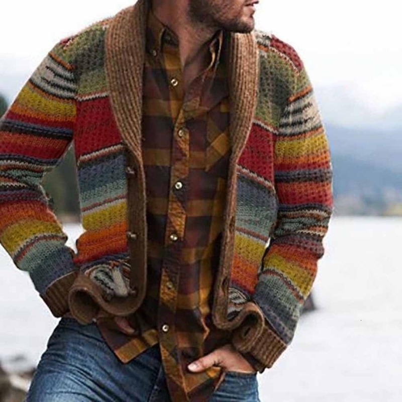 Mens Sweater Jacket Lapel Colorblocked Knitted Cardigan 250801