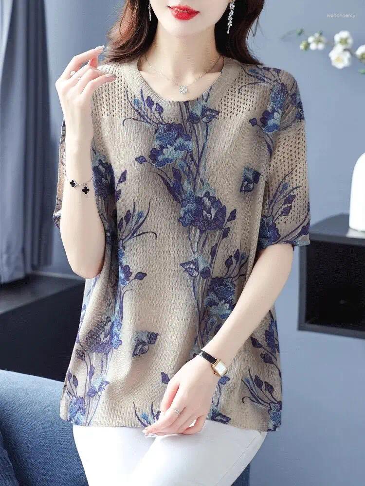 Women's Sweaters Floral Print Hollow Knitted T Shirt Women 2025 Summer Clothes For Pullovers Tees Top Y2K Loose T-shirt