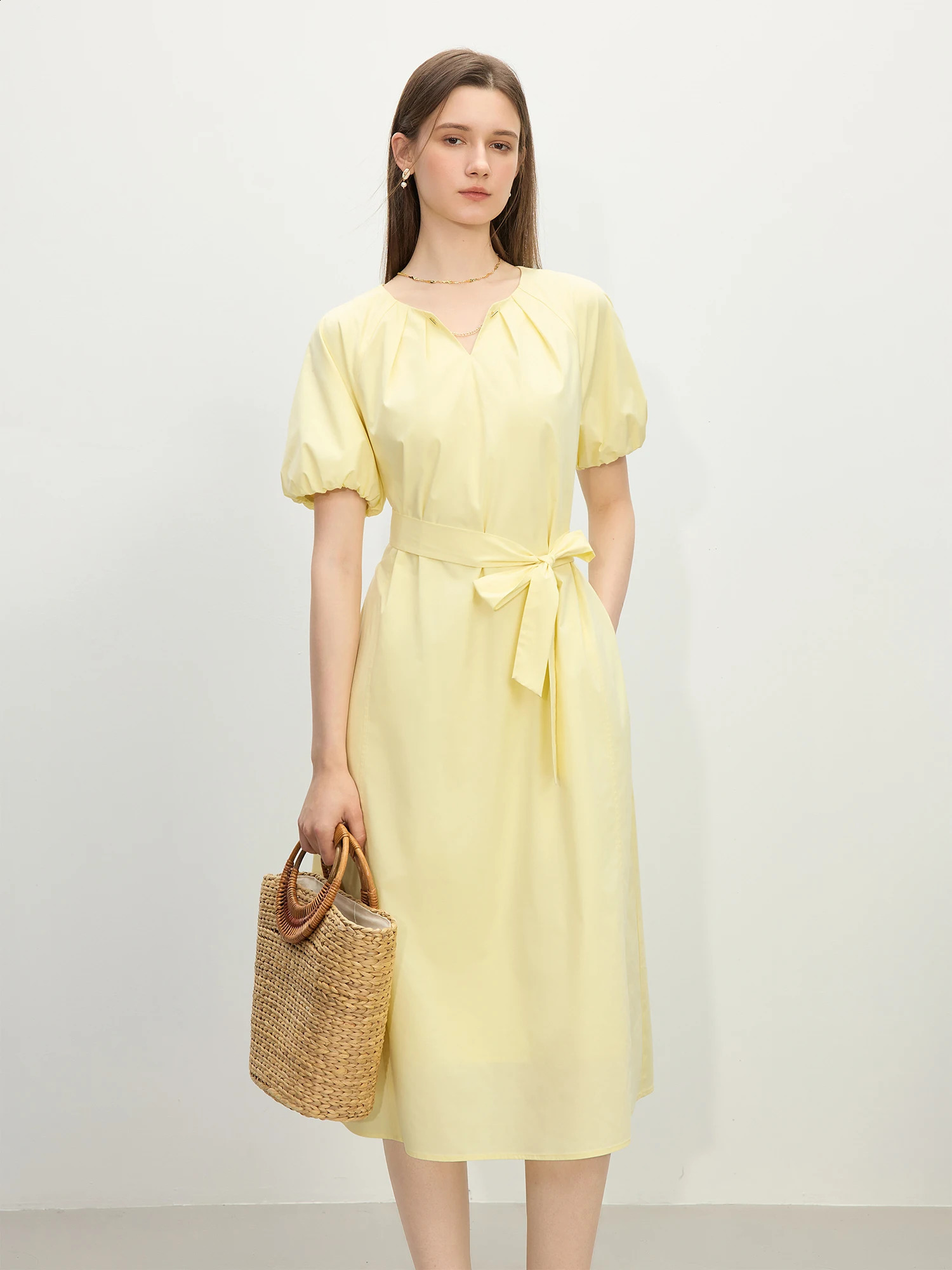 FSLE Summer Womens SolidTone Belted Dress Elegant Office Wear Slimming Midi with Flattering Silhouette 25FS12170 250801