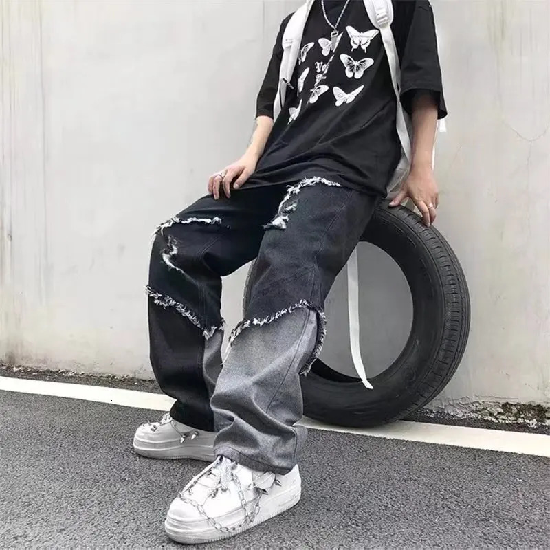Korean Fashion Ripped Jeans Pants Men Broken Holes Trousers Casual Soft Stylish Regular Baggy Straight Denim 250818