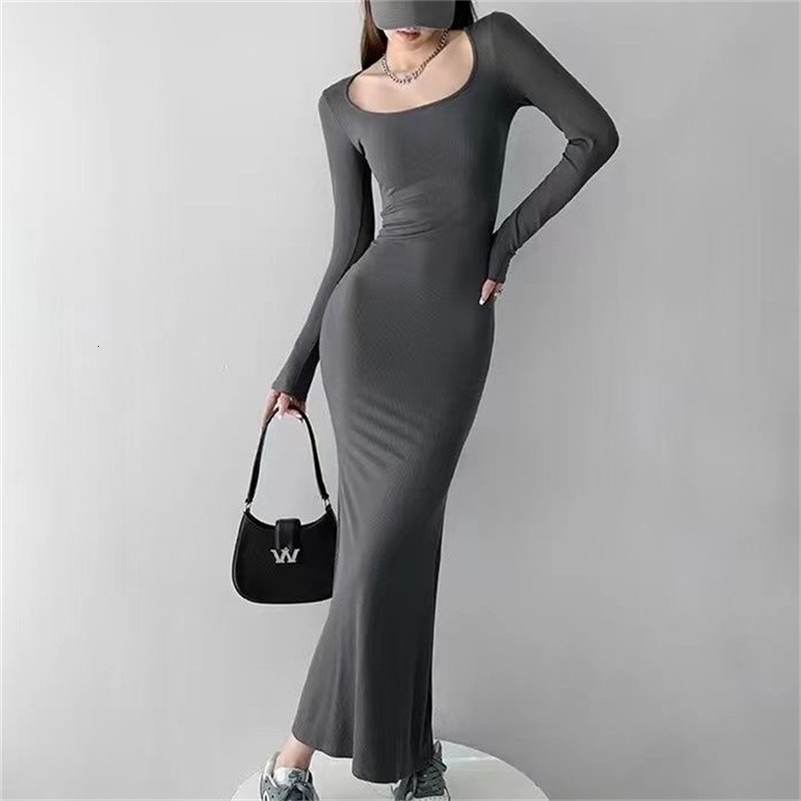Women Spring Autumn Style Long Sleeve low cut Collar Solid Color Mermaid Sexy Dress 250808
