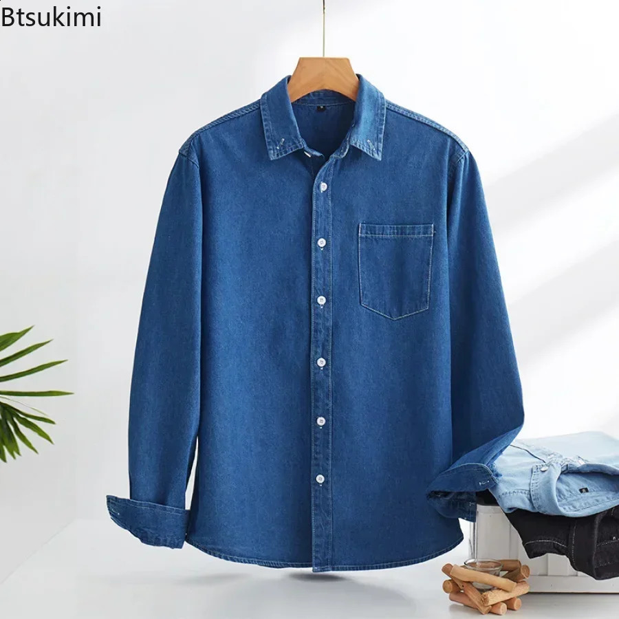 Spring Autumn Korean Shirts for Men Single Breasted Cotton Washed Denim Causal Longsleeved Clothes Top Male 250801