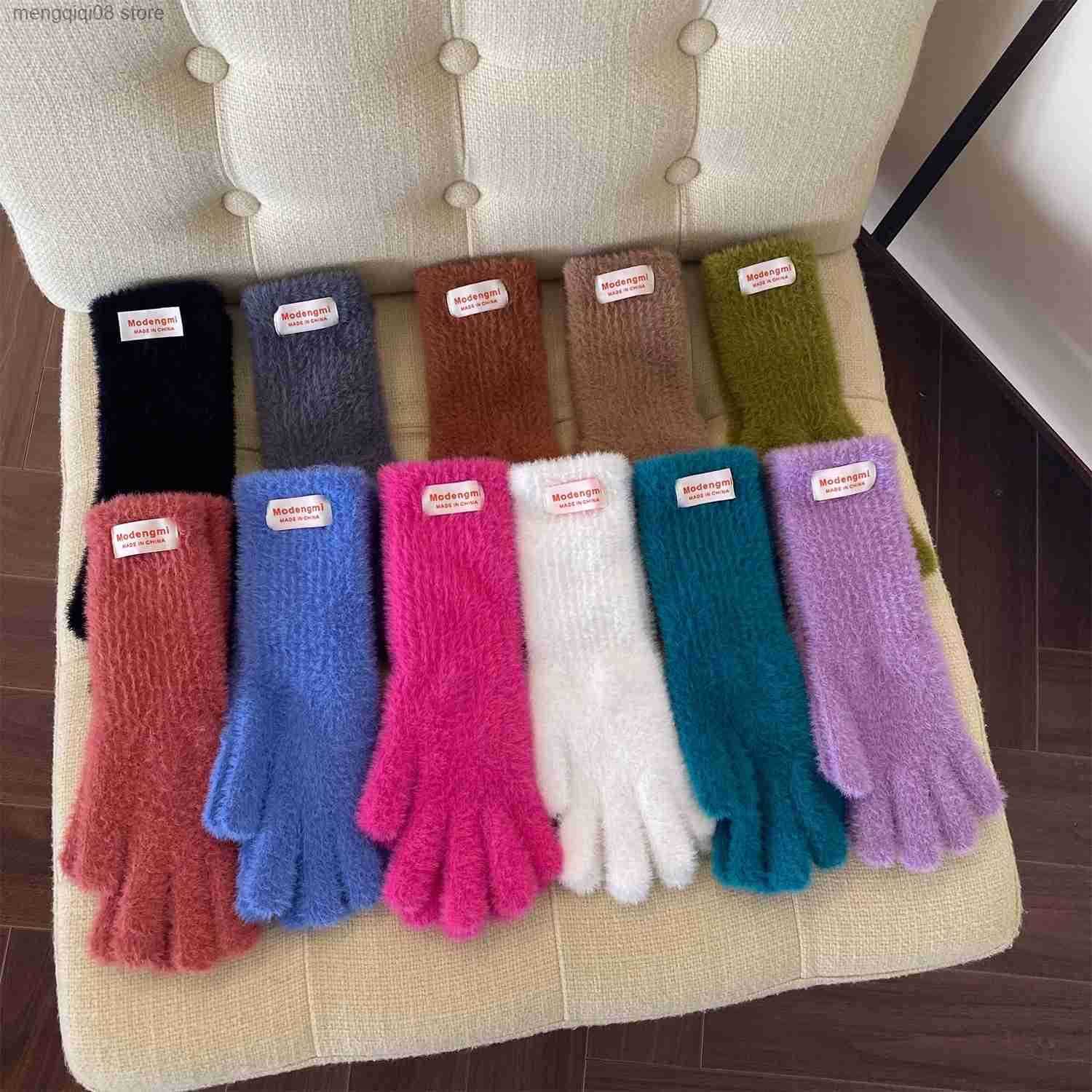 Korean Version Soft Fluffy Rabbit Fur Knitted Cashmere Gloves High-end Ins Style Warm Fingerless Cold-proof Winter Five-finger Gloves L250818