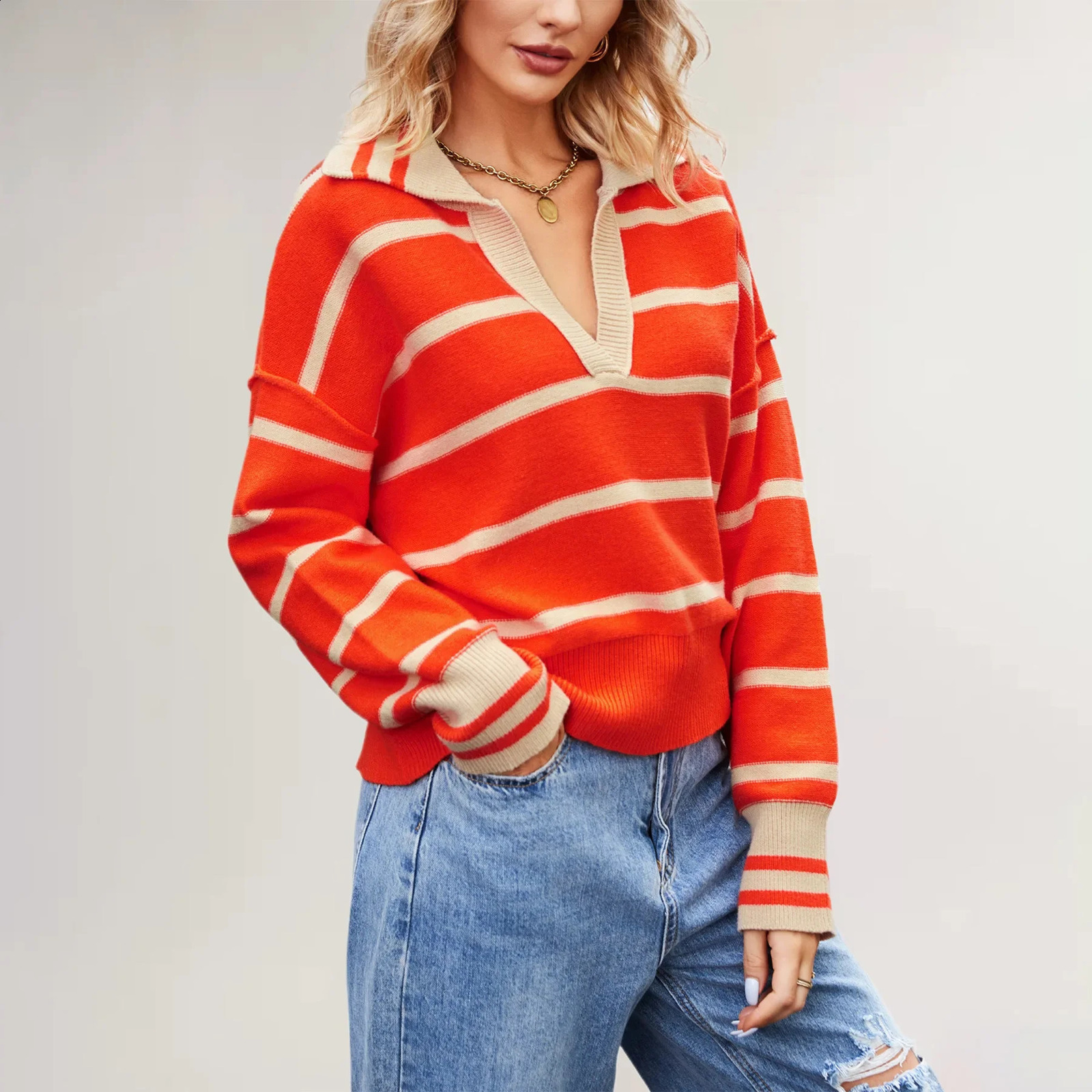 Womens Striped Knit Sweater VNeck Long Sleeve Loose Fit Pullover Solid Color Winter Casual Warm Top 250801
