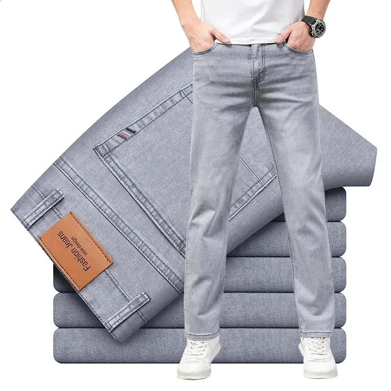 Summer Elastic Mens Jeans Fashion Gray Comfortable Business Straight Stretch Cotton Casual Denim Pants Male Thin Trousers250813