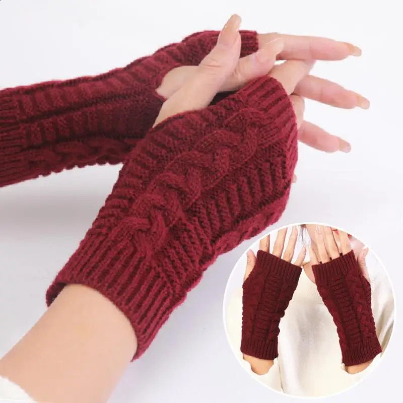 Women Stylish Hand Warmer Winter Gloves Arm Crochet Knitting Faux Wool Mitten Warm Fingerless Glove Twist Pattern 250811