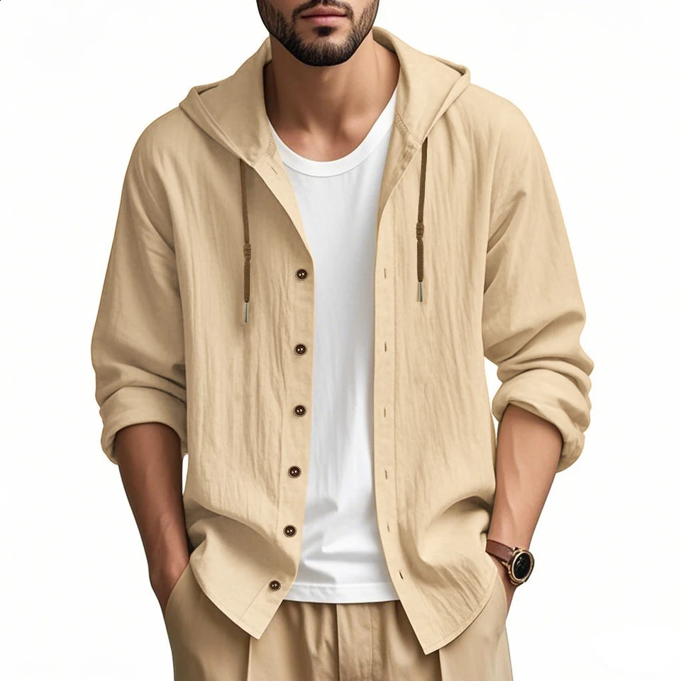 Mens lightweight Cotton linen beach shirt with hood short sleeved hippie casual button hooded Henry 250801