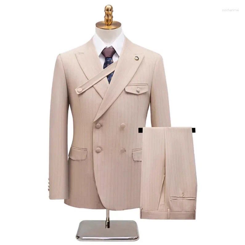 Men's Suits 2025 Beige Suit 2 Pieces Double Breasted Notch Lapel Flat Slim Fit Casual Tuxedos For Wedding(Blazer Pants)