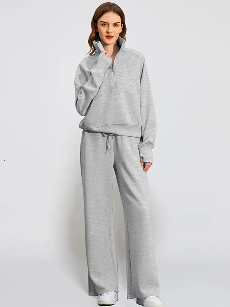 Women Sweatshirt Pants Suit Stand Collar Zipper Pockets Jackets Loose Elastic Drawstring Set Female Lady Tracksuits 250818