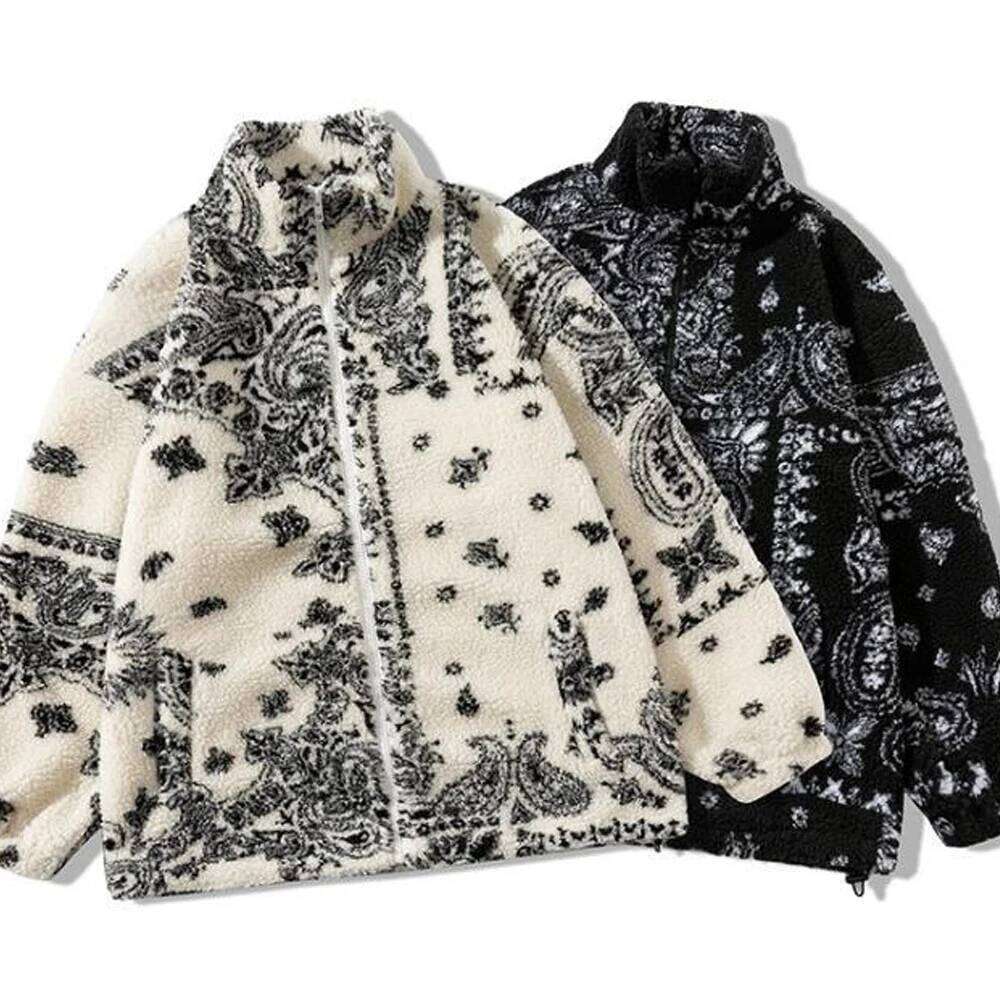 Paisley Polar Fleece Jacket Men Zipper Fuzzy Cardigan Casual Bandanna Jackets Loose Lamb Cashmere Women Haruku Winter Coat Y2k