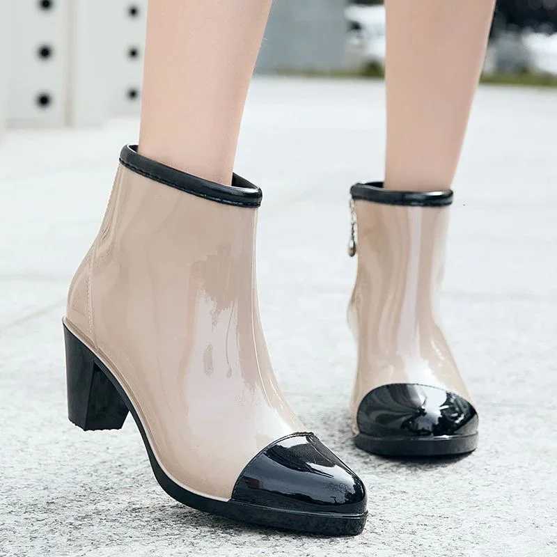 Rain Boots Luxury Designer Women Chunky Heels Rubber Shoes Waterproof PVC Garden Work Galoshes Ankle Boots Rainshoes Footwear2023 XJ250818