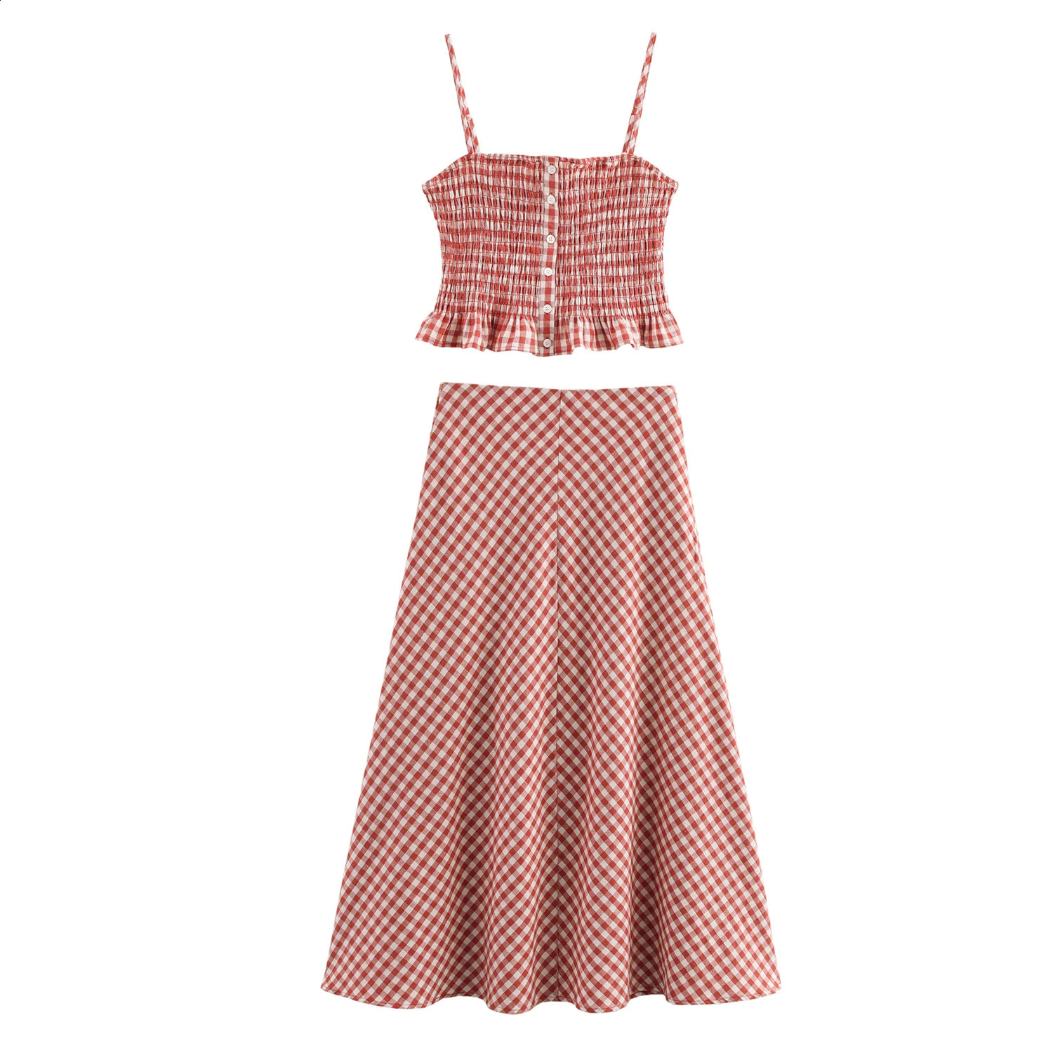 MUJER Womens Plaid Long Skirt Set 2 Piece Pleated Corset Top Summer High Waist Half Holiday Wear 250801