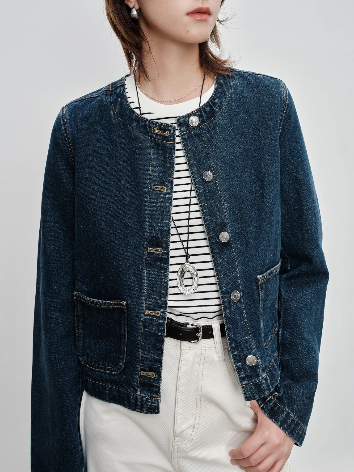 ZIQIAO Retro Short Denim Jacket For Women Autumn n Round Neck Versatile Casual Chic 24ZQ93013 250801