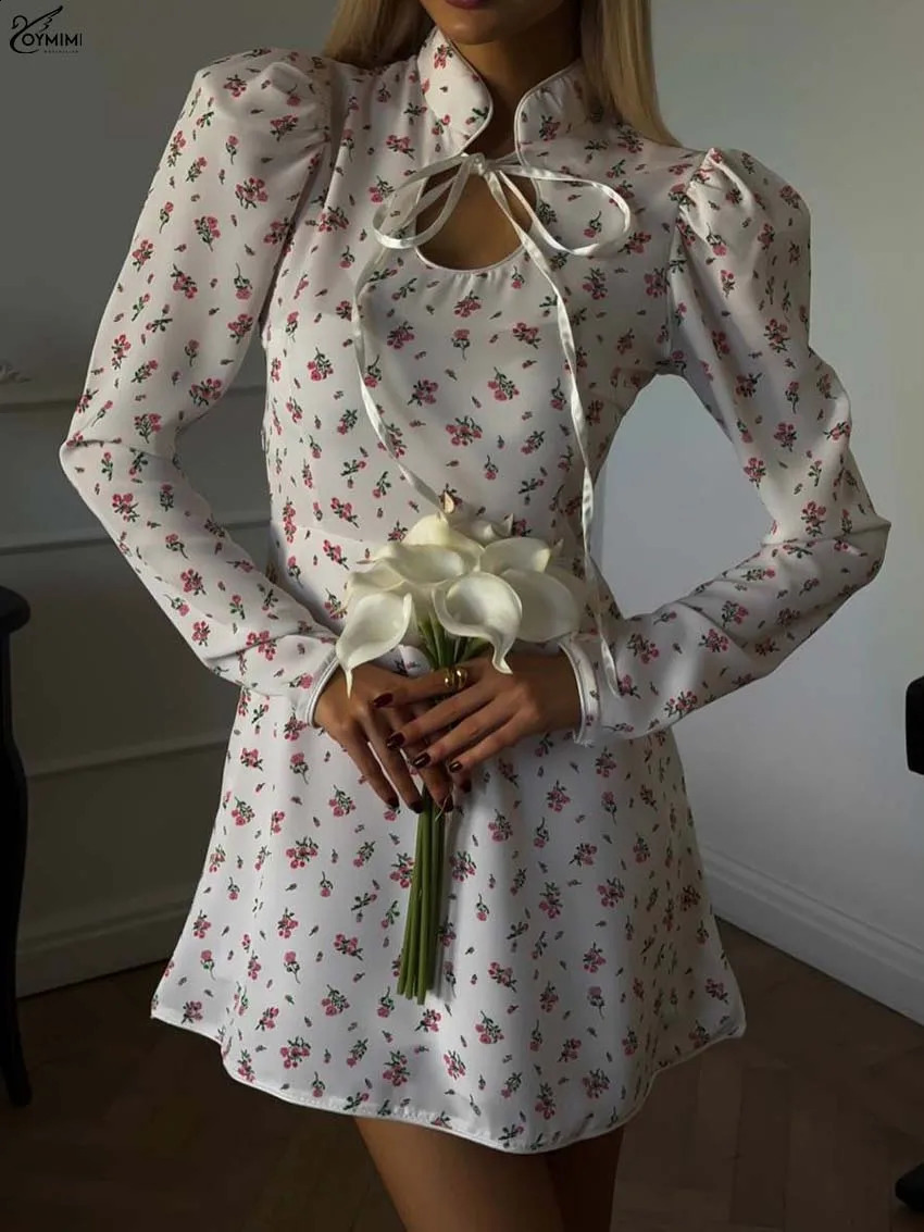 Oymimi Fashion Green Print Dresses Woman Casual Turtleneck LaceUp Long Sleeve Elegant High Waist Mini Dress 250801