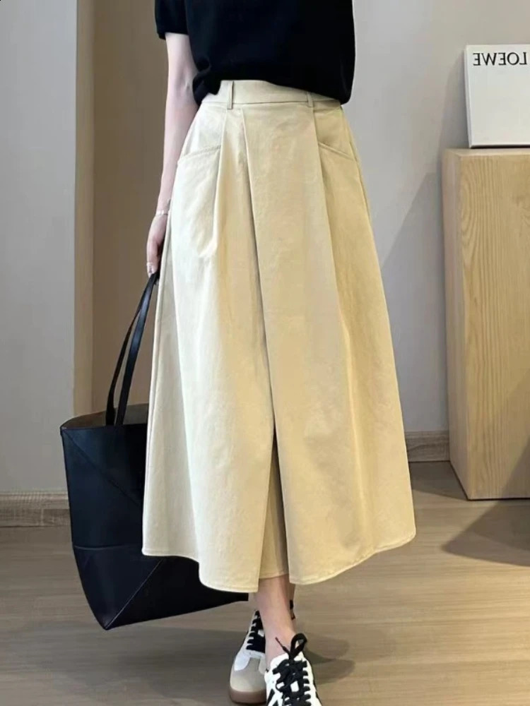 Solid Color Big Size Half Skirt for Women Leisure A Line with Pocket Chinese Origin Simple Plus Mid Length 250801