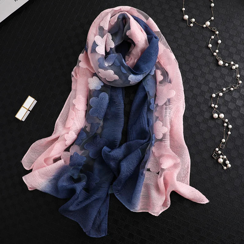 2024 Fashion Women Cut Flowers Hollow Lace Gradient Flower Silk Scarf Spring Shawls and Wraps Towel Femme Beach Sjaals250812