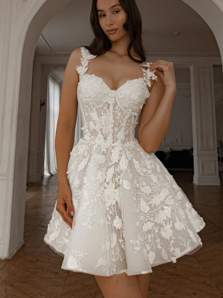 Lace Appliques Sweetheart Neck Wedding Dress with Detachable Sleeves 3D-Floral Appliques Lace-Up Short Dresses Custom Made Color/Size