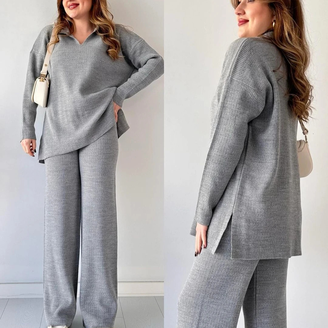 Women Knit Sweater Two Piece Set Pant Sets Matching Autumn Winter Splice Trousers Thick Pants Pullover Mom Elegant Work 250818